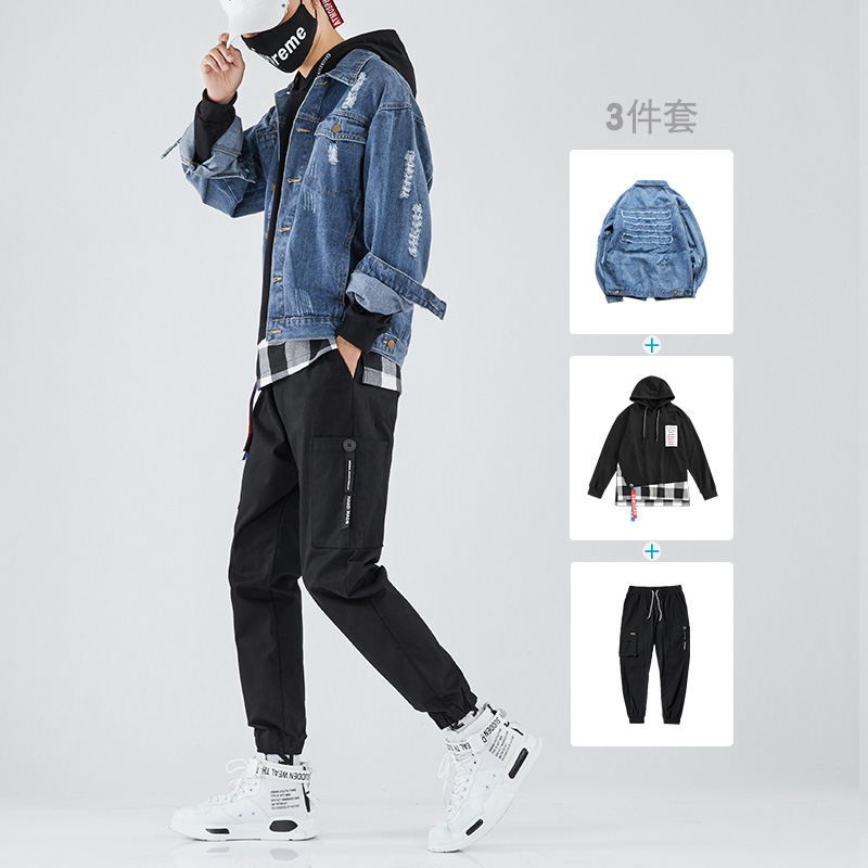 新款男装一套搭配帅气套装韩版潮流 宽松牛仔外套 bf 夹克男秋季 2019 新款男装一套搭配帅气套装韩版潮流 宽松牛仔外套 bf 夹克男秋季 2019