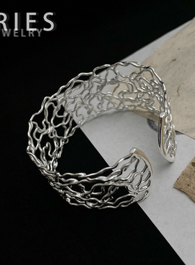 S925银不规则镂空网状宽版手镯