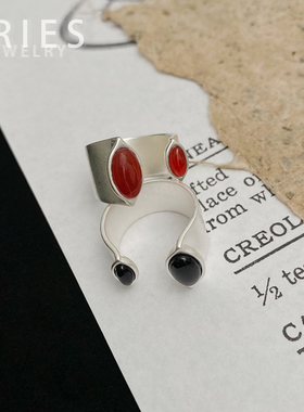 s925银法式复古开口黑玛瑙戒指