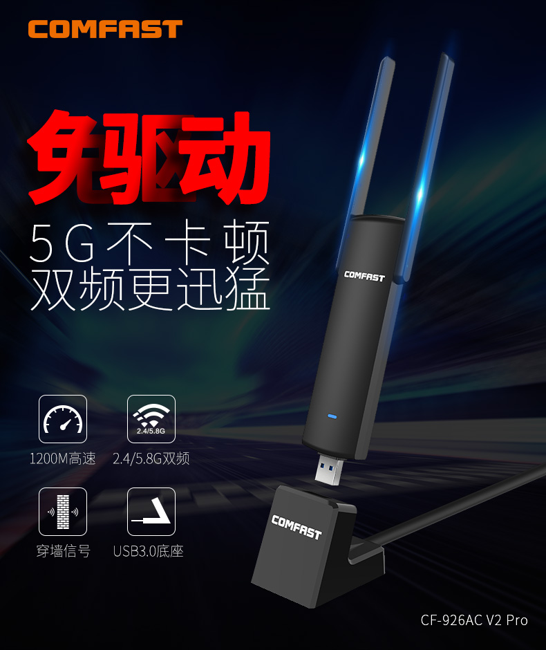 COMFAST 926AC免驱动1200M千兆5G双频USB无线网卡台式机电脑WIFI接收器大功率高速穿墙外置以太网络信号发射 - 图3