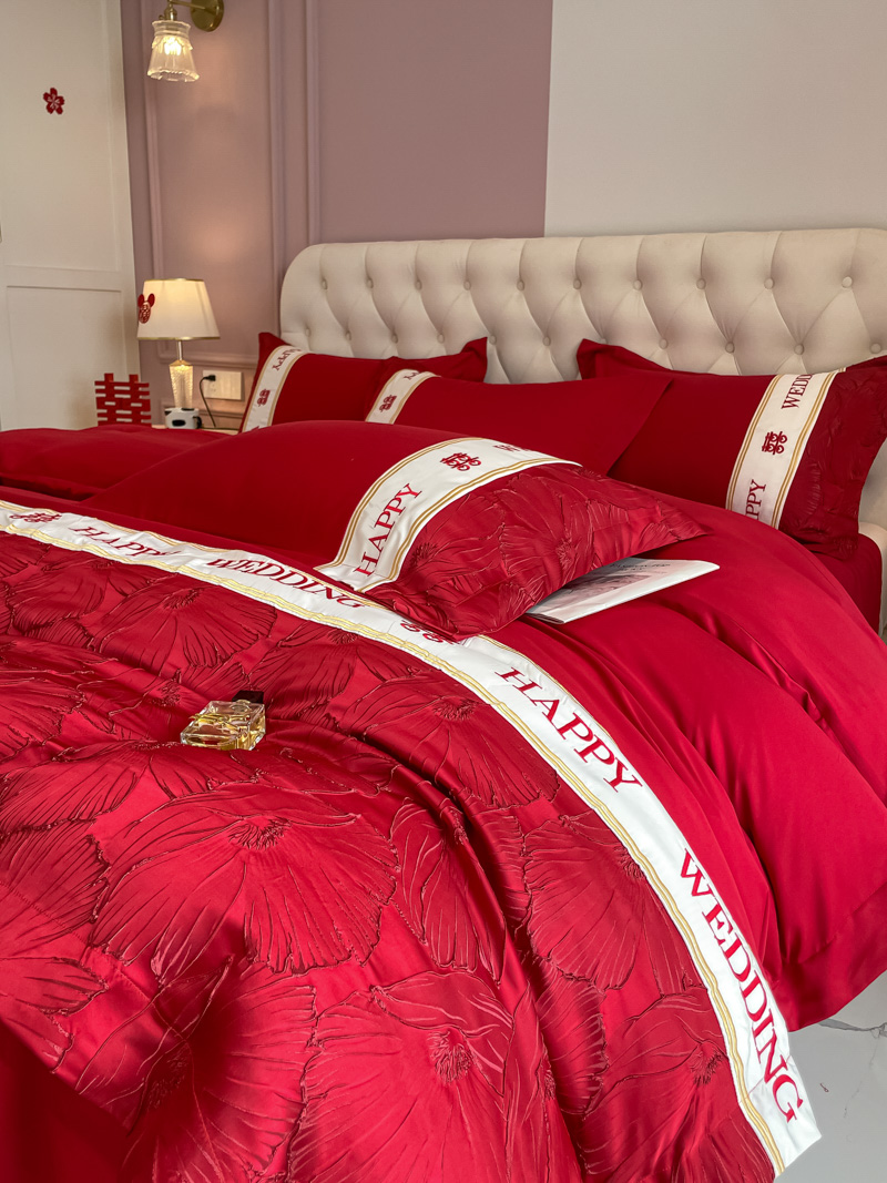 高档婚庆四件套大红色全棉床单被套纯棉喜被结婚嫁新婚房床上用品