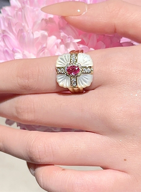 白母贝玫瑰红宝石中古风开口戒指