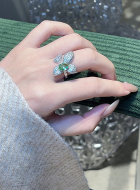 欧美小清新绿色宝石花朵开口戒指