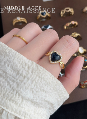 vintage中古风珐琅滴油文艺复古锆石戒指合集虎眼石食指戒可调节