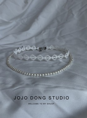 原创白色蕾丝项链叠戴层次感法式复古珍珠项圈少女锁骨链毛衣链