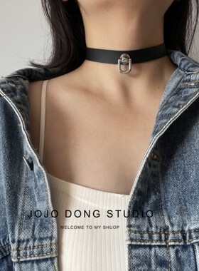 枪黑简约吊坠choker暗黑系复古皮质项链短款颈链小众甜酷风锁骨链