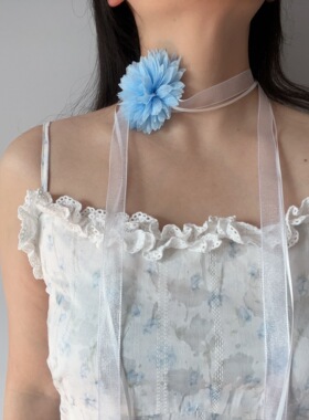 温柔超仙蓝色山茶花系带choker女项圈氛围感拍照颈链旅游双层项链