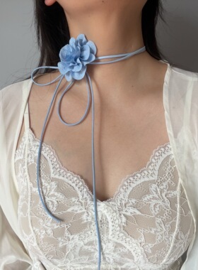 超仙蓝色花系带choker女项圈腰链氛围感拍照Lolita海边沙滩锁骨链