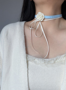 晚宴风仙气蓝色花朵choker高级项圈绑带多层项链拍照写真锁骨颈链