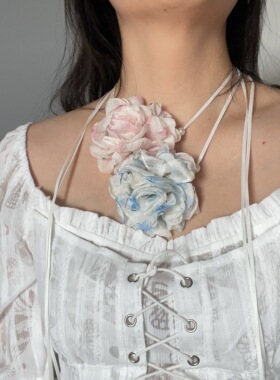 蓝色碎花玫瑰花丝带choker蝴蝶结项链女高级感锁骨链海边度假饰品