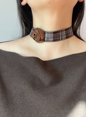 花朵格子项圈项链复古气质颈链玫瑰花立体choker性感百搭颈花配饰