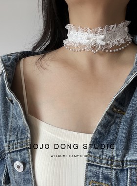 芭蕾少女精致爱心项链仙气蝴蝶结珠链项圈choker白蕾丝颈链锁骨链