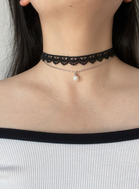 choker锁骨链少女白色蕾丝双层颈带珍珠吊坠项圈短款颈带锁骨链