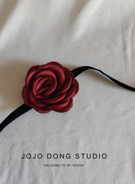 复古日系红色玫瑰花项圈女锁骨链