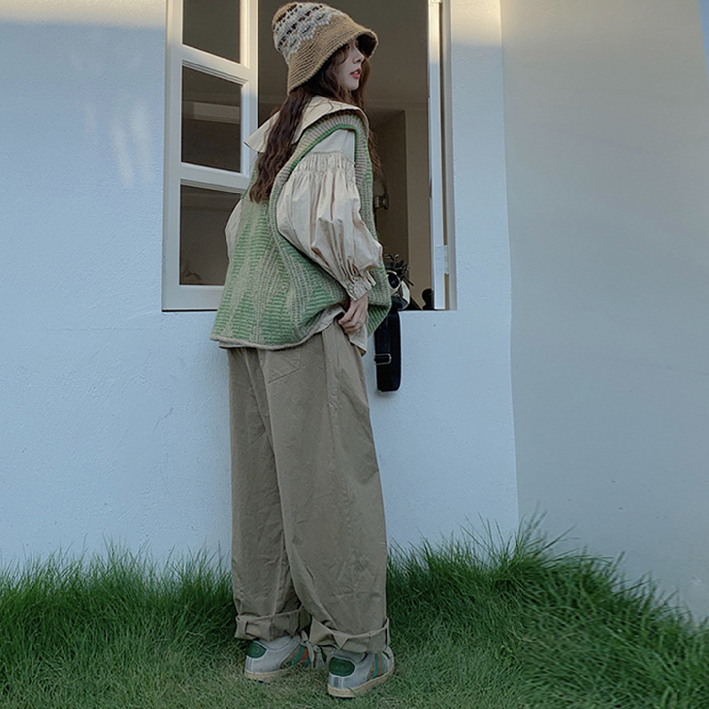 大码女装胖mm炸街显瘦三件套娃娃领衬衫+绿色针织马甲+宽松肥腿裤,淘宝优惠券,粉丝福利购,淘宝优惠卷