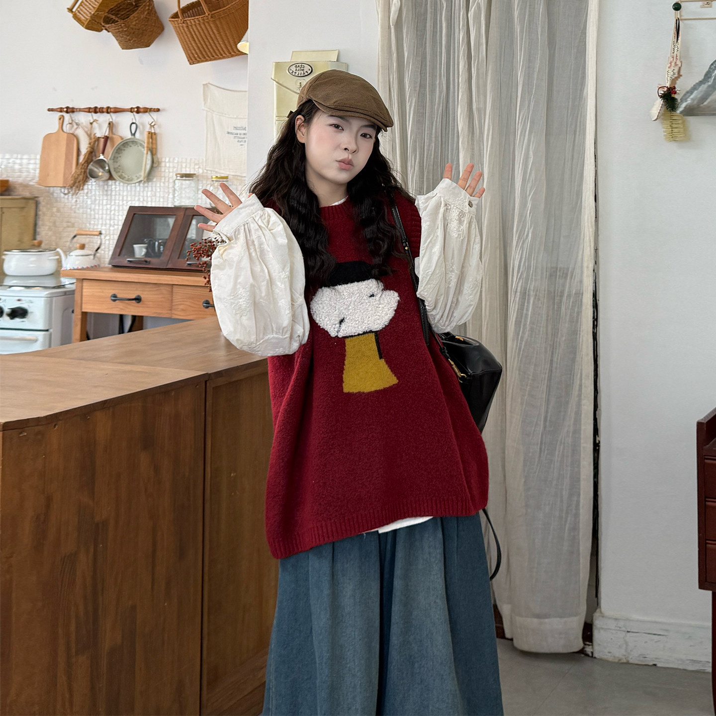 大码女装韩系卡通小狗针织马甲春季宽松叠穿长袖衬衣牛仔裤三件套,淘宝优惠券,粉丝福利购,淘宝优惠卷