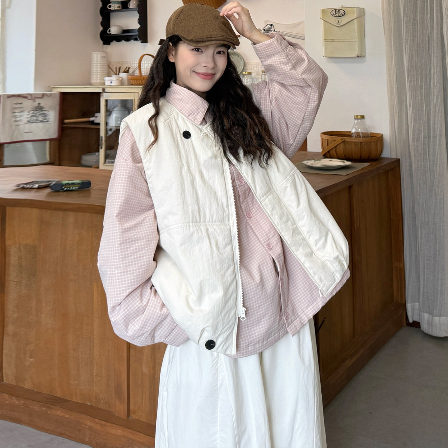 大码女装2025冬季胖mm韩版宽松夹棉格子衬衫+夹棉马甲+抽绳阔腿裤,淘宝优惠券,粉丝福利购,淘宝优惠卷