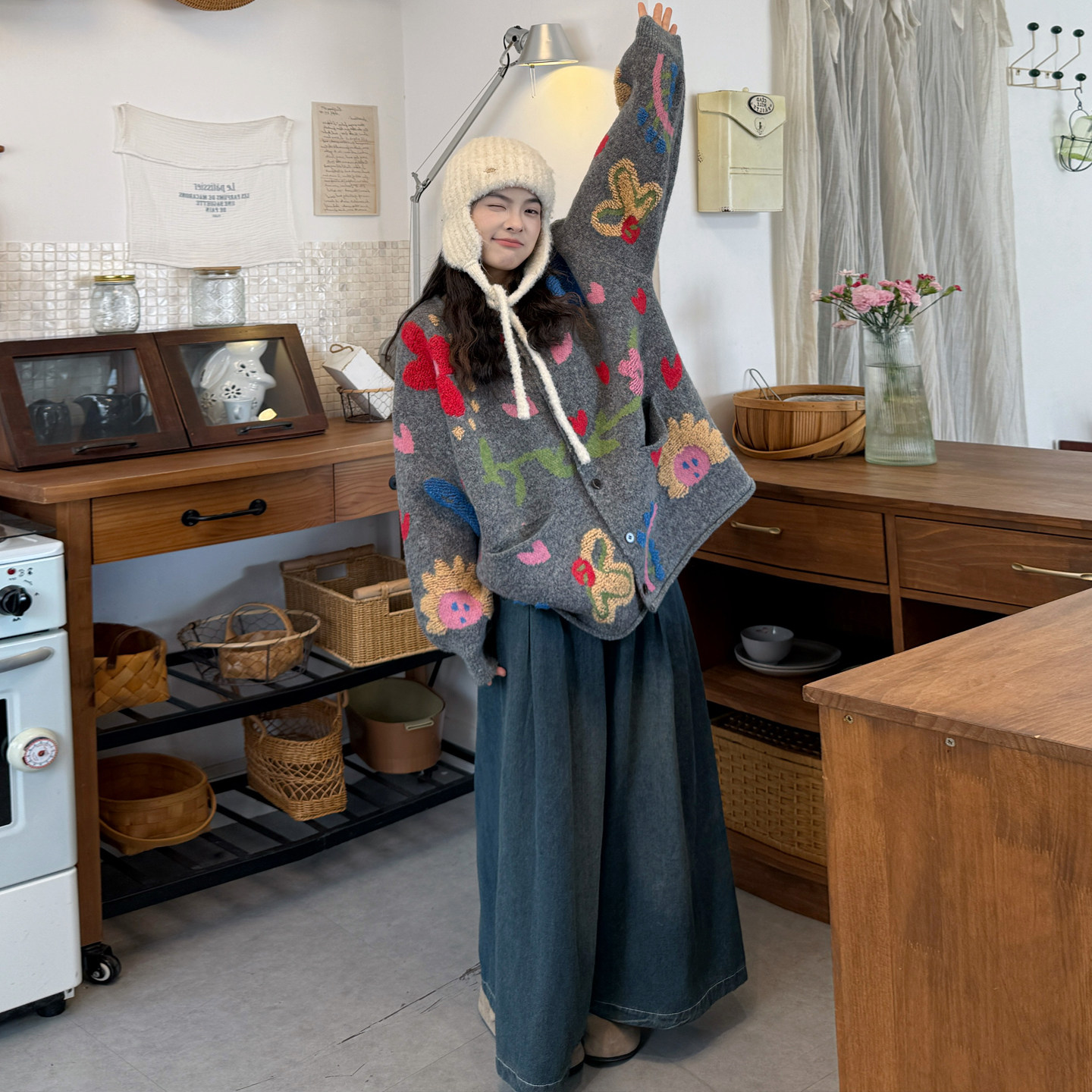 大码女装2025秋冬新款胖mm韩版宽松提花针织毛衣外套+牛仔裤套装,淘宝优惠券,粉丝福利购,淘宝优惠卷