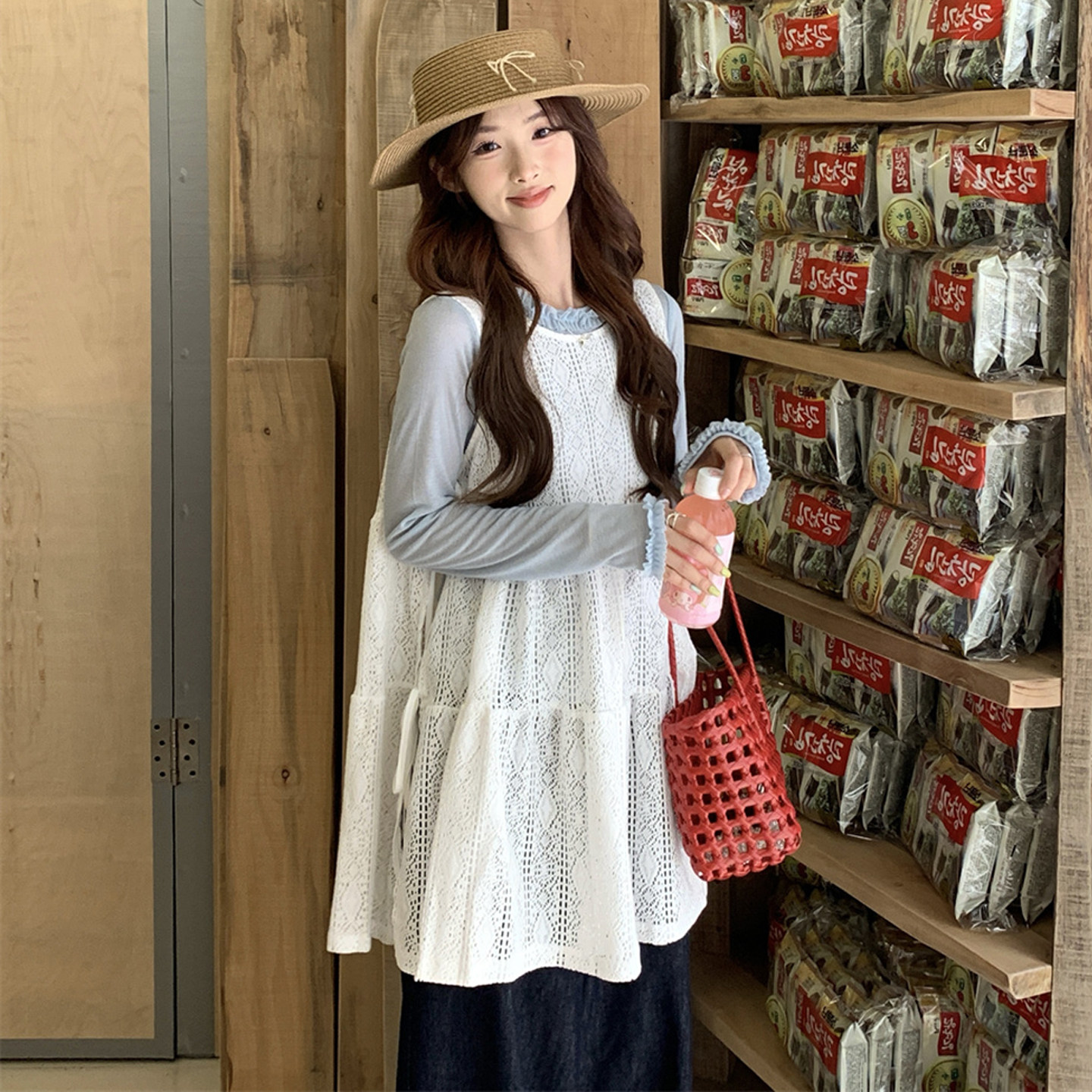 大码女装2026早春胖mm韩版蓝色打底衫+设计感蕾丝绑带背心两件套,淘宝优惠券,粉丝福利购,淘宝优惠卷