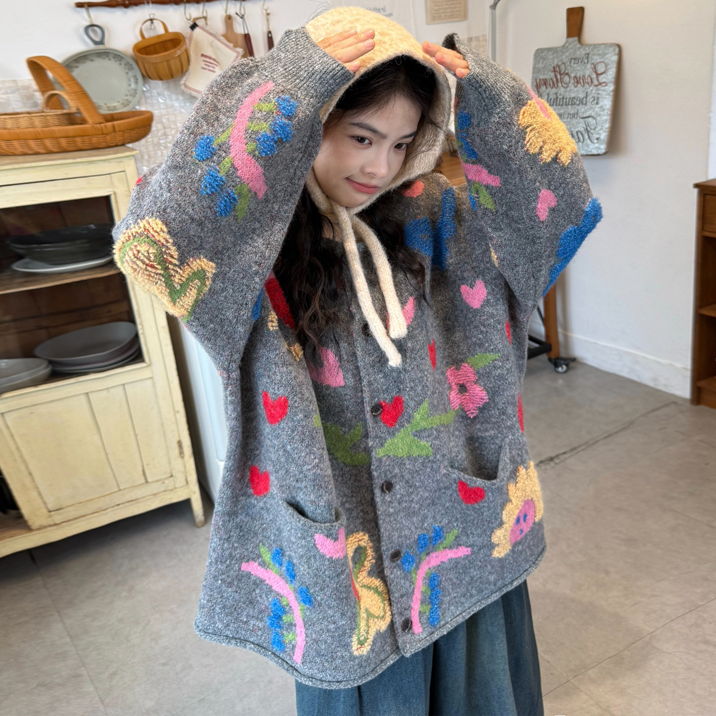 大码女装2025秋冬新款胖mm韩版宽松提花针织毛衣外套+牛仔裤套装,淘宝优惠券,粉丝福利购,淘宝优惠卷