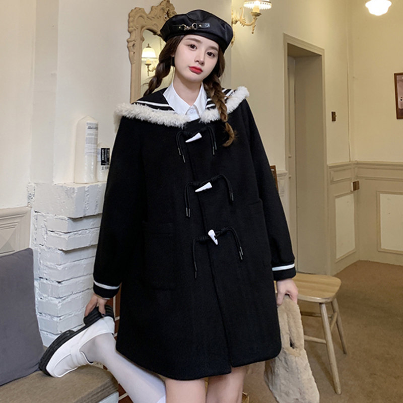 大码女装2025冬季日系元气少女毛毛海军领小斗蓬夹棉加厚毛呢外套,淘宝优惠券,粉丝福利购,淘宝优惠卷