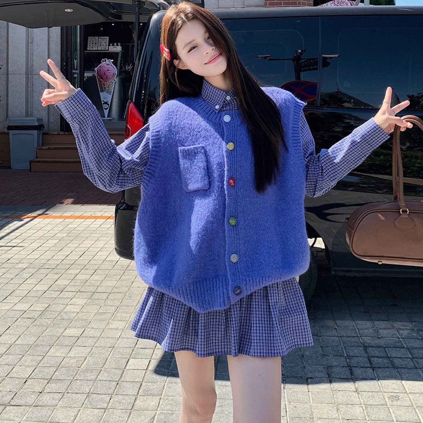 大码女装2025胖mm复古圆领彩色纽扣针织马甲+格子衬衫连衣裙套装,淘宝优惠券,粉丝福利购,淘宝优惠卷