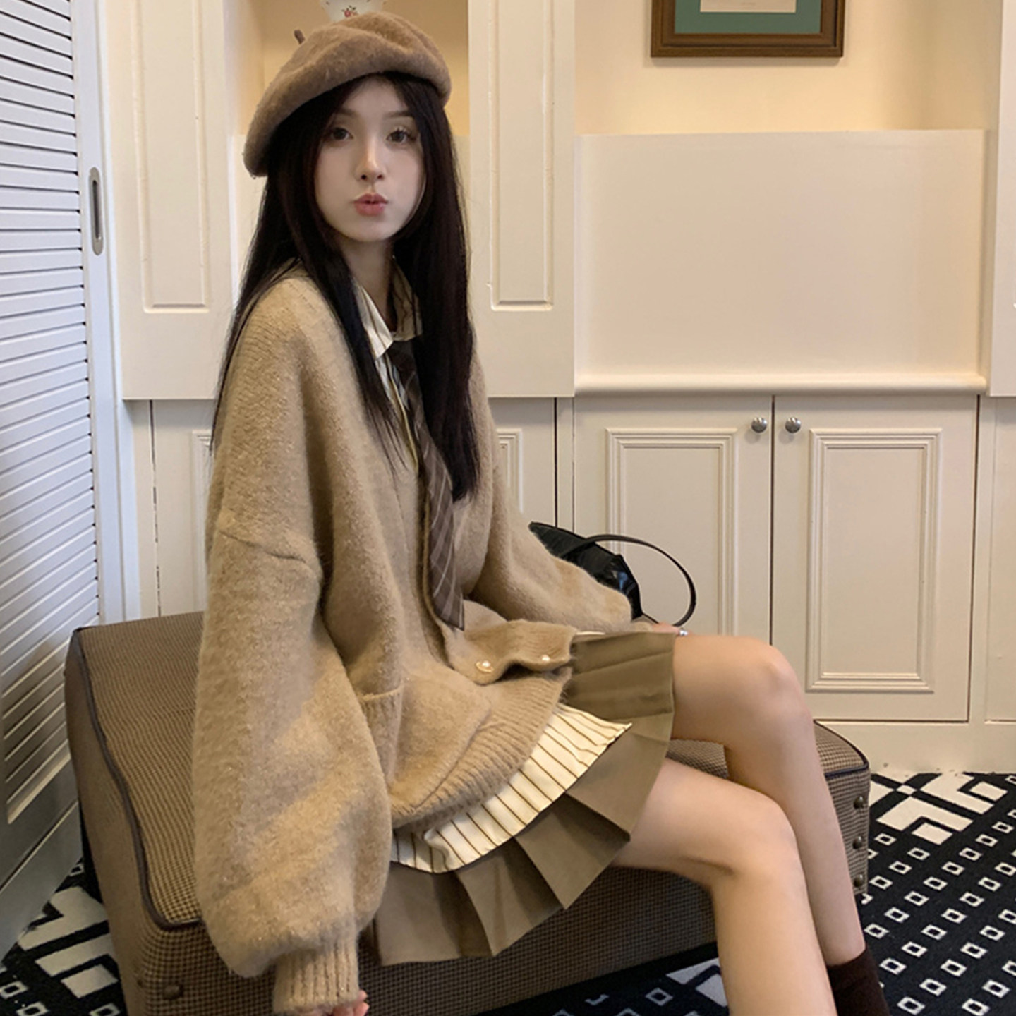 大码女装2025秋胖mm慵懒风毛衣外套条纹衬衣高腰百褶裙时尚三件套,淘宝优惠券,粉丝福利购,淘宝优惠卷