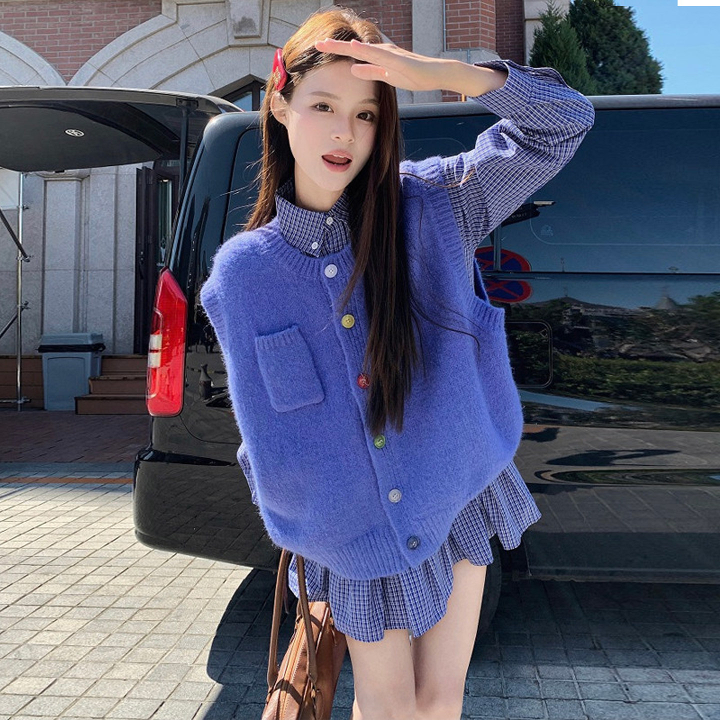 大码女装2025胖mm复古圆领彩色纽扣针织马甲+格子衬衫连衣裙套装,淘宝优惠券,粉丝福利购,淘宝优惠卷