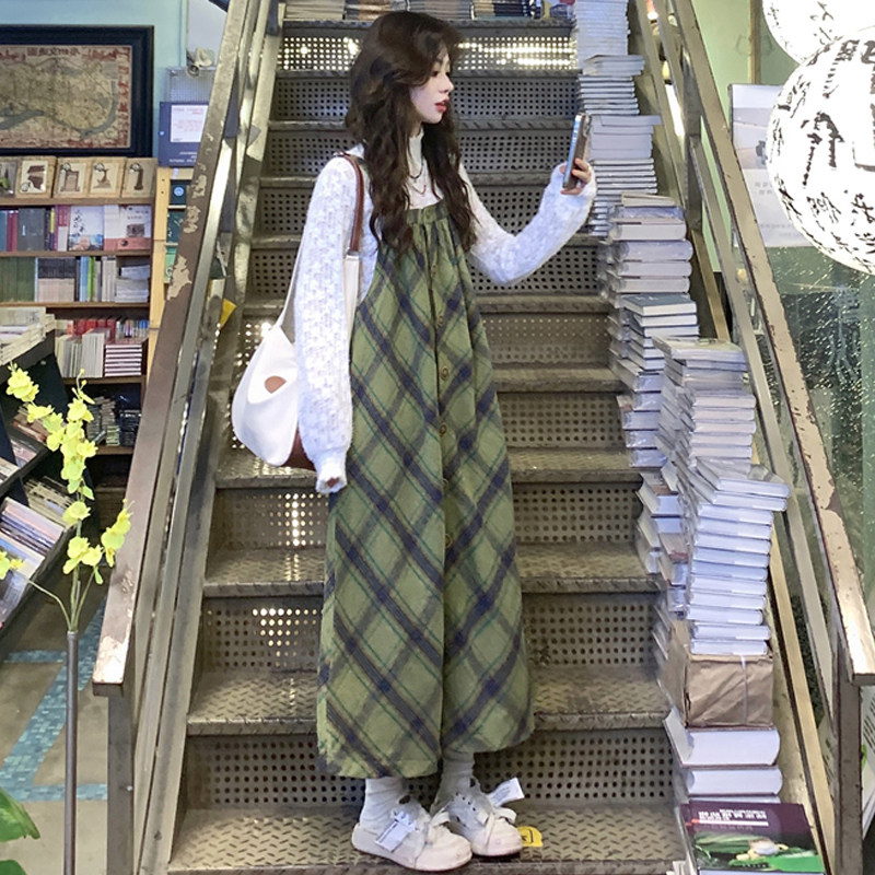 大码女装2025秋季胖mm森系蕾丝打底上衣+绿斜格纹毛呢背带裙套装,淘宝优惠券,粉丝福利购,淘宝优惠卷