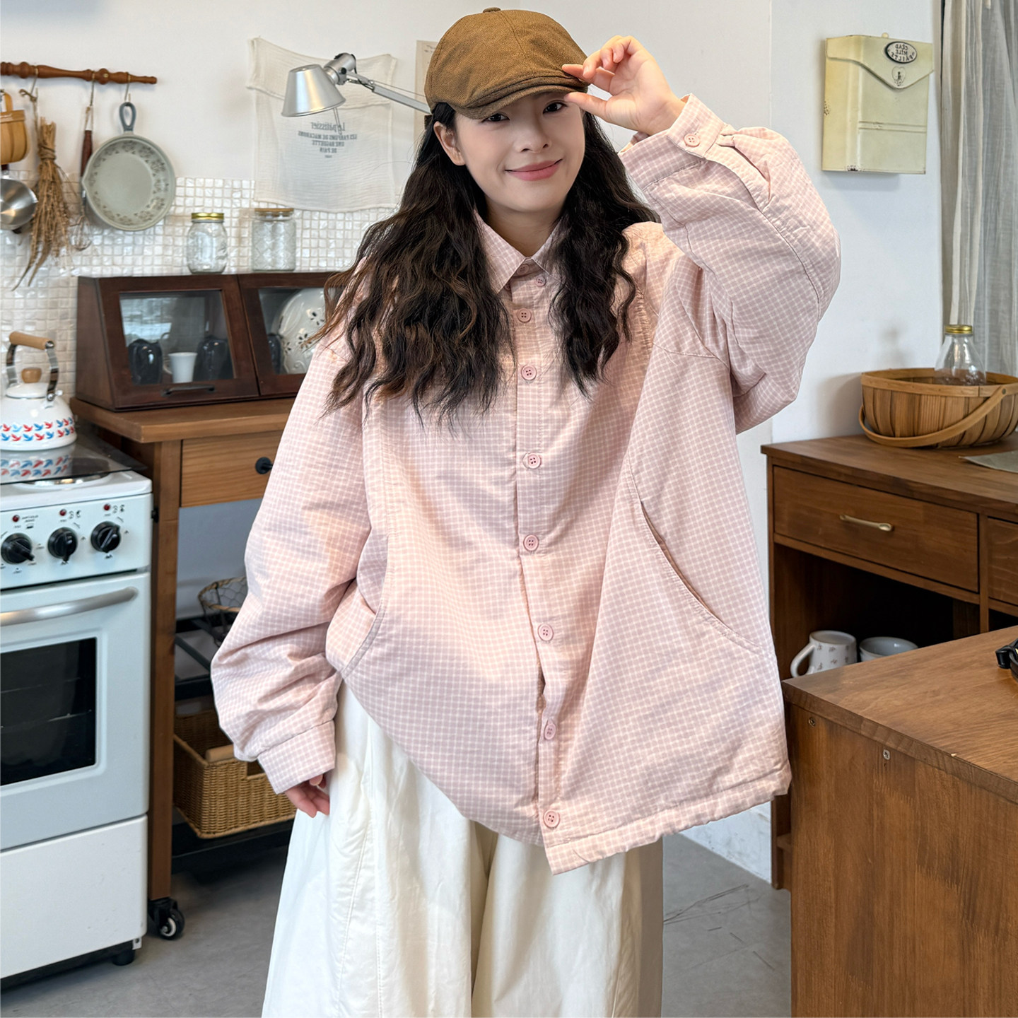 大码女装2025冬季胖mm韩版宽松夹棉格子衬衫+夹棉马甲+抽绳阔腿裤,淘宝优惠券,粉丝福利购,淘宝优惠卷