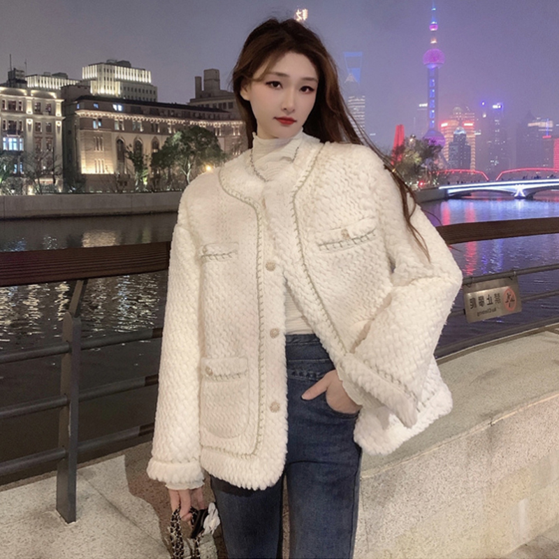 大码女装秋冬高级感名缓气质编织毛绒宽松皮毛一体小香风毛毛外套 - 图0