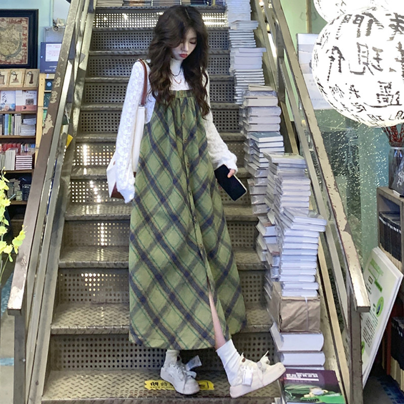 大码女装2025秋季胖mm森系蕾丝打底上衣+绿斜格纹毛呢背带裙套装,淘宝优惠券,粉丝福利购,淘宝优惠卷