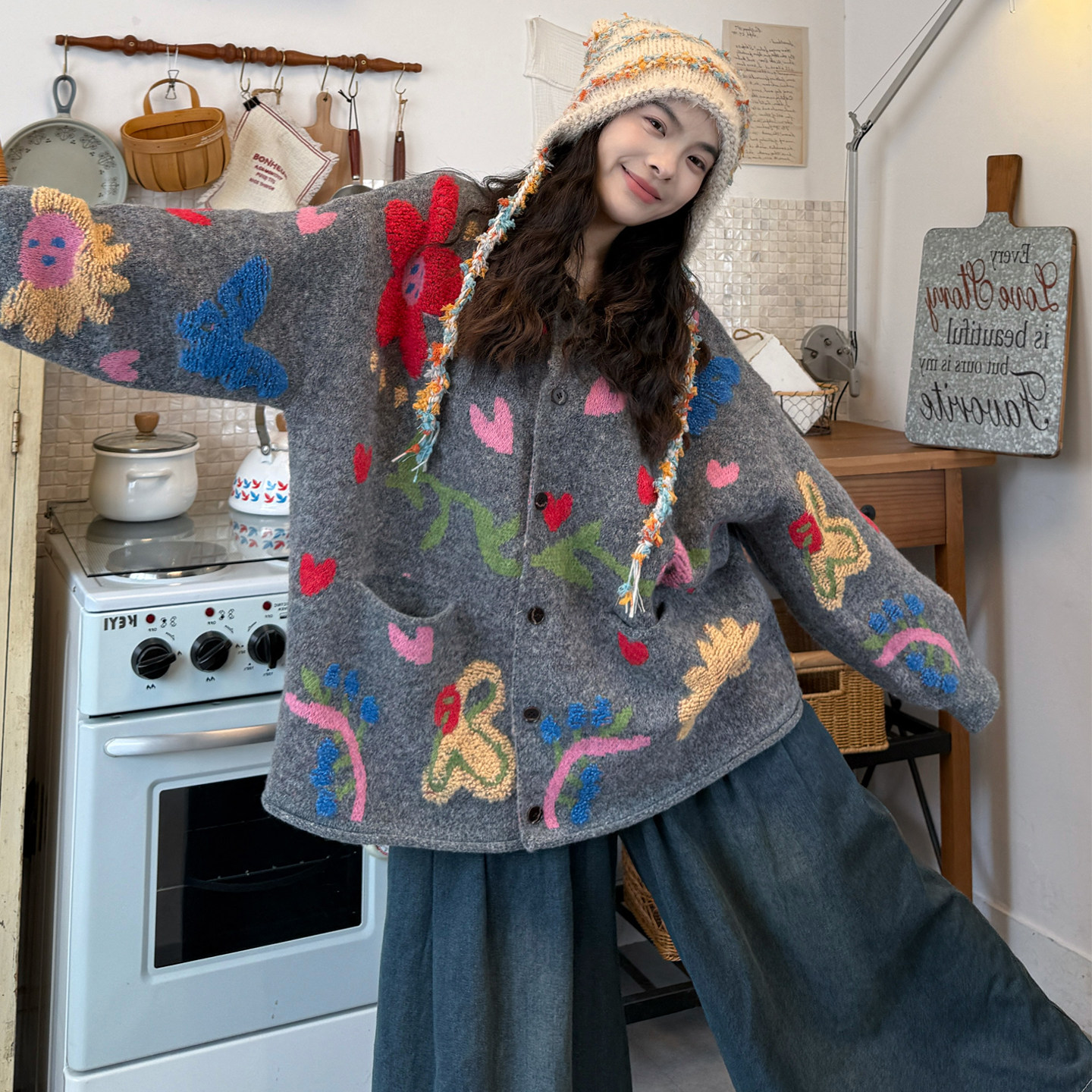 大码女装2025秋冬新款胖mm韩版宽松提花针织毛衣外套+牛仔裤套装,淘宝优惠券,粉丝福利购,淘宝优惠卷