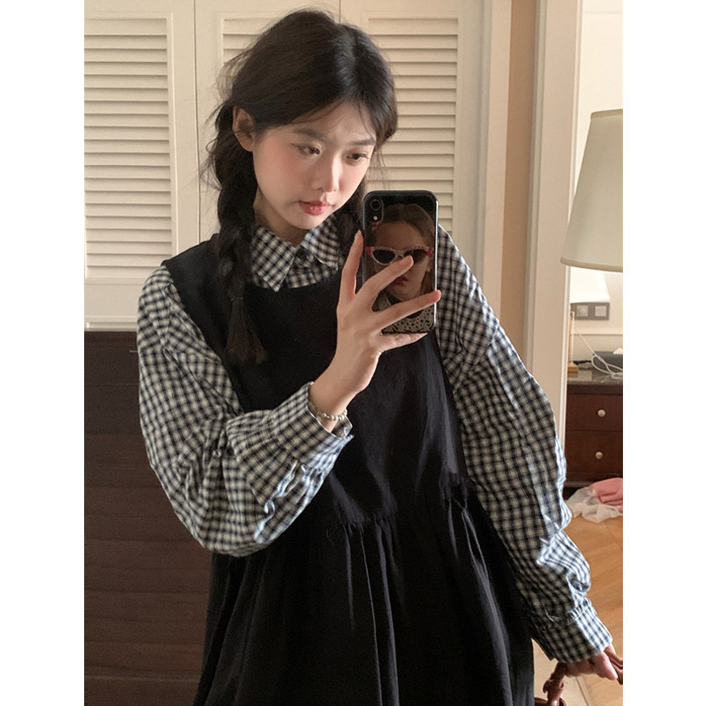 大码女装2025早秋胖mm复古格子衬衫+宽松中长背心连衣裙显瘦套装,淘宝优惠券,粉丝福利购,淘宝优惠卷