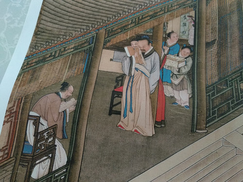 雍正十二月行乐图三月赏桃国画工笔画仿古画人物画艺术微喷复制画 - 图1