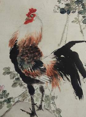 真迹复制王雪涛公鸡月季花国画