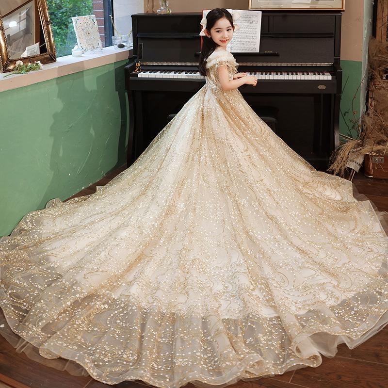 气质女童晚礼服公主裙蓬蓬纱拖尾儿童婚纱走秀女孩花童钢琴演出服