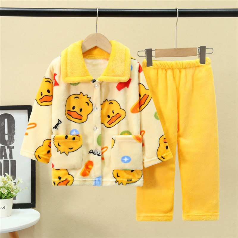Autumn and winter children's flannel pajamas plus velvet and thickening girls' bamboo red panda duck home clothes inner clothes