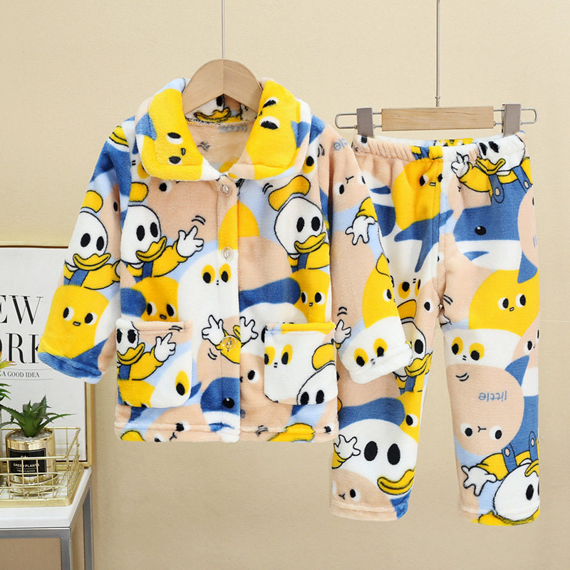 Autumn and winter children's flannel pajamas plus velvet and thickening girls' bamboo red panda duck home clothes inner clothes