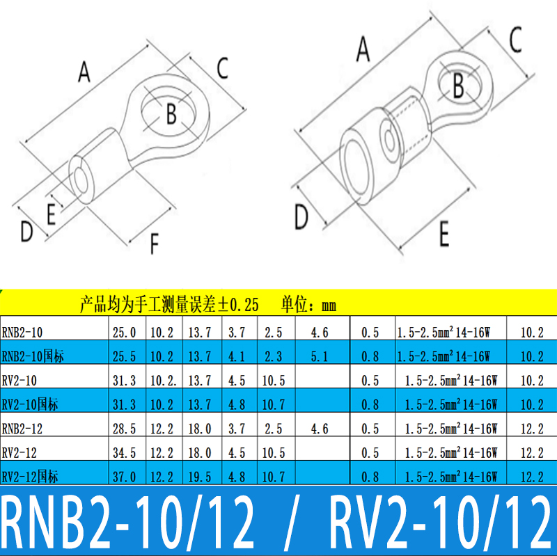 RNB/RV2-10/12冷压接线端子国标紫铜/黄铜圆端PVC绝缘套OT端子 - 图1