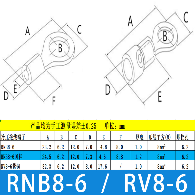 RNB/RV8-6冷压端子预绝缘黄铜国标紫铜太阳端OT圆端接线连接器 - 图1