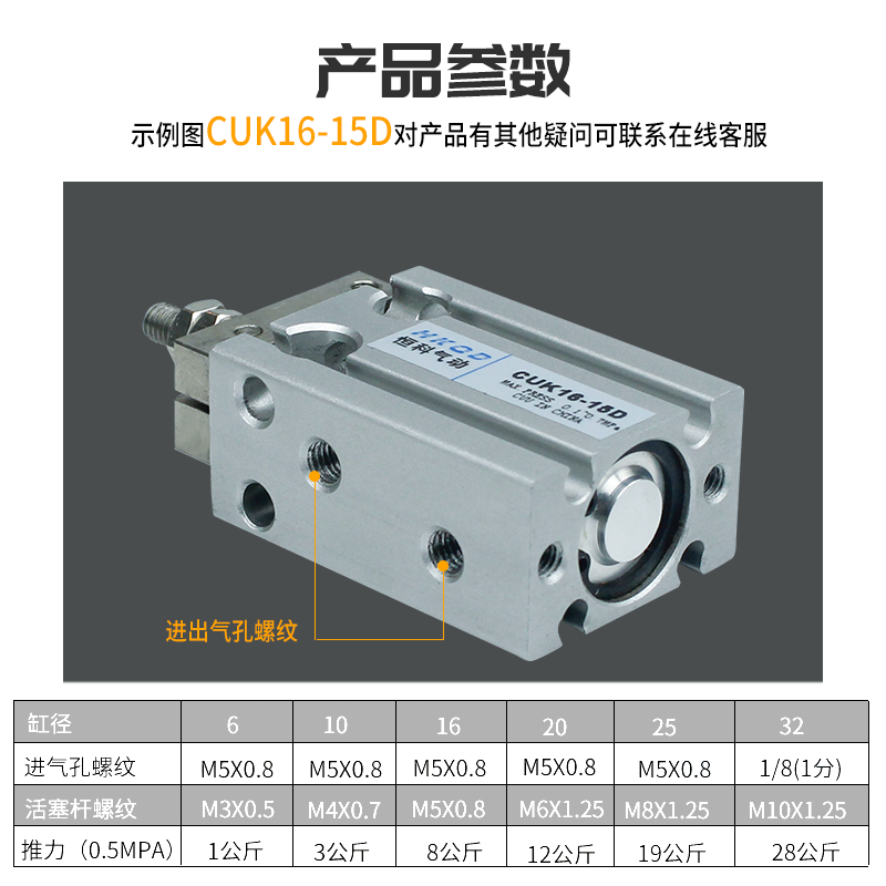 自由安装小型气缸CUK6-32X5D/10D/15D/20D/25D/30D*40D*50/60D - 图0