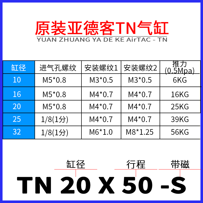 原装亚德客双杆双轴气缸TN10/16/20/25/32*5/10/15/30/200带强磁-图1