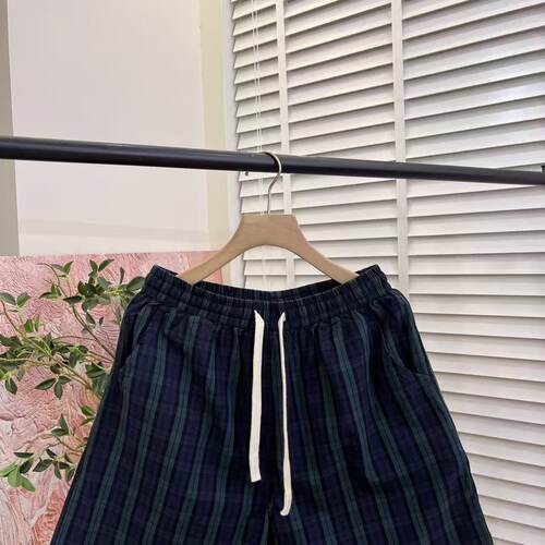 「木佐严选」色织格纹休闲松紧腰棉麻短裤女E7004 - 图1
