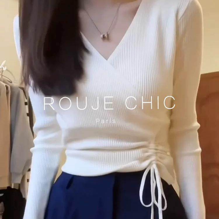 ROUJE CHIC法式白色抽绳v领短款针织衫女早春交叉别致内搭打底衫,淘宝优惠券,粉丝福利购,淘宝优惠卷