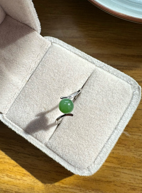 信物天然和田玉碧玉戒指女款S925纯银镶嵌玉石指环活口绿宝石戒指