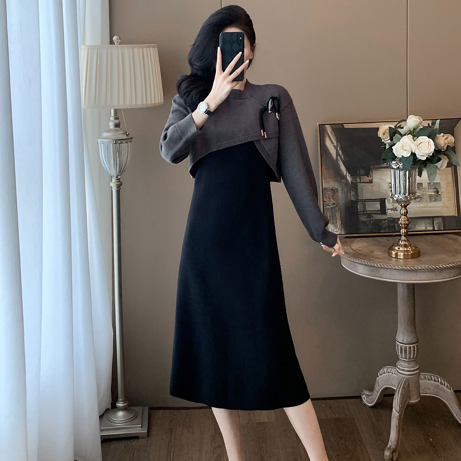 迪奥25秋冬新款气质减龄两件套装女气质设计感长袖针织衫+背心裙 - 图2