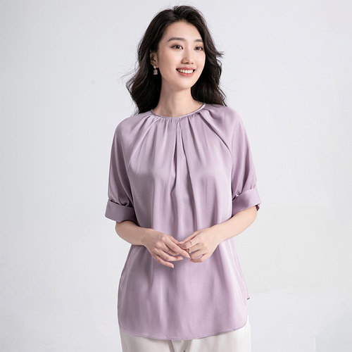 迪奥高端真丝短袖女2026夏季新款重磅桑蚕丝圆领衬衫简约休闲上衣 - 图1