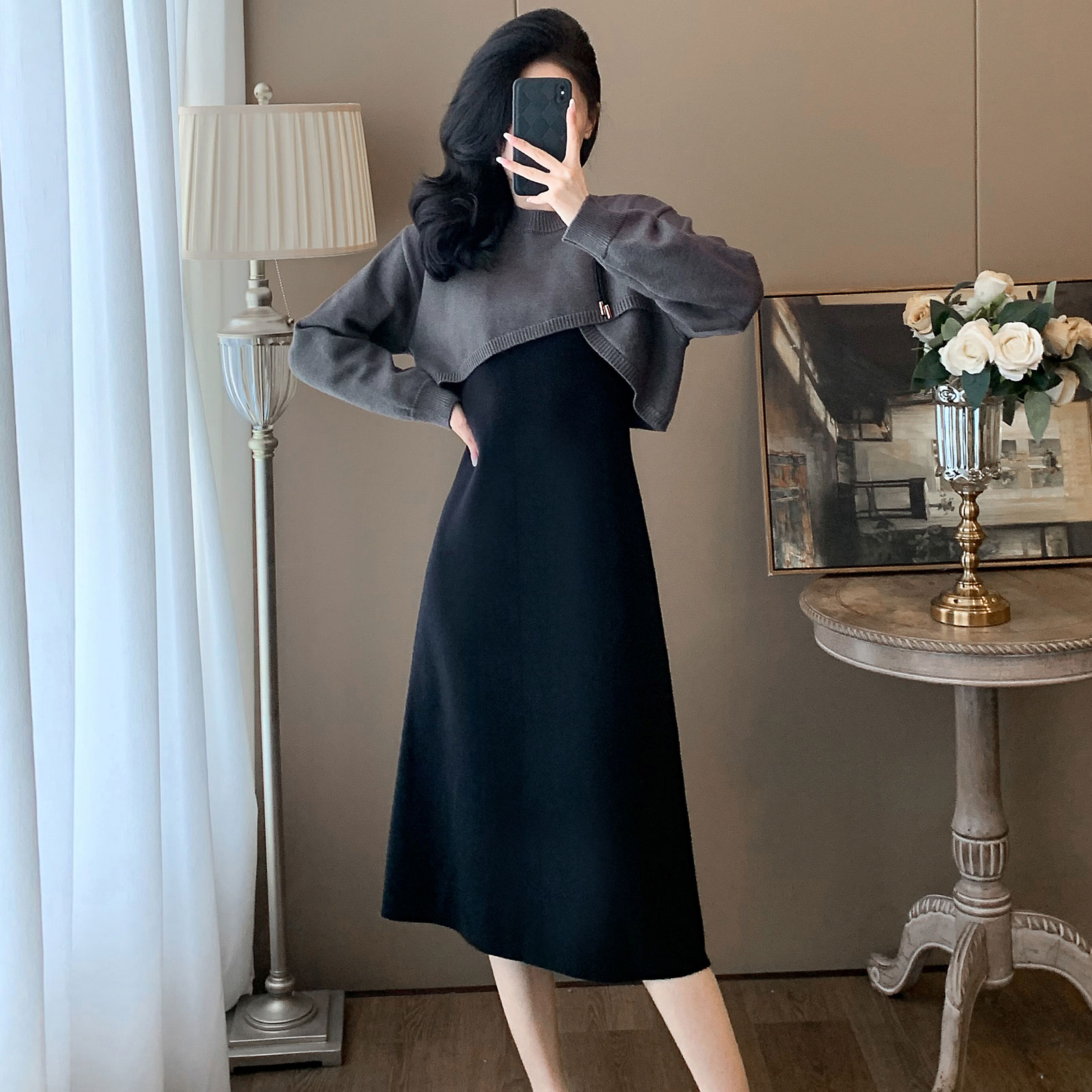 迪奥25秋冬新款气质减龄两件套装女气质设计感长袖针织衫+背心裙 - 图1