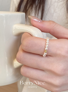 925纯银珍珠戒指女小众设计时尚食指高级感叠戴指环素圈个性尾戒